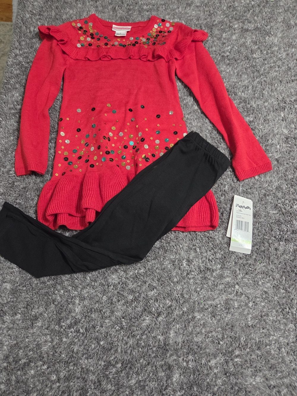 Flapdoodles Red Sequin Ruffle Tunic with Black Leggings
